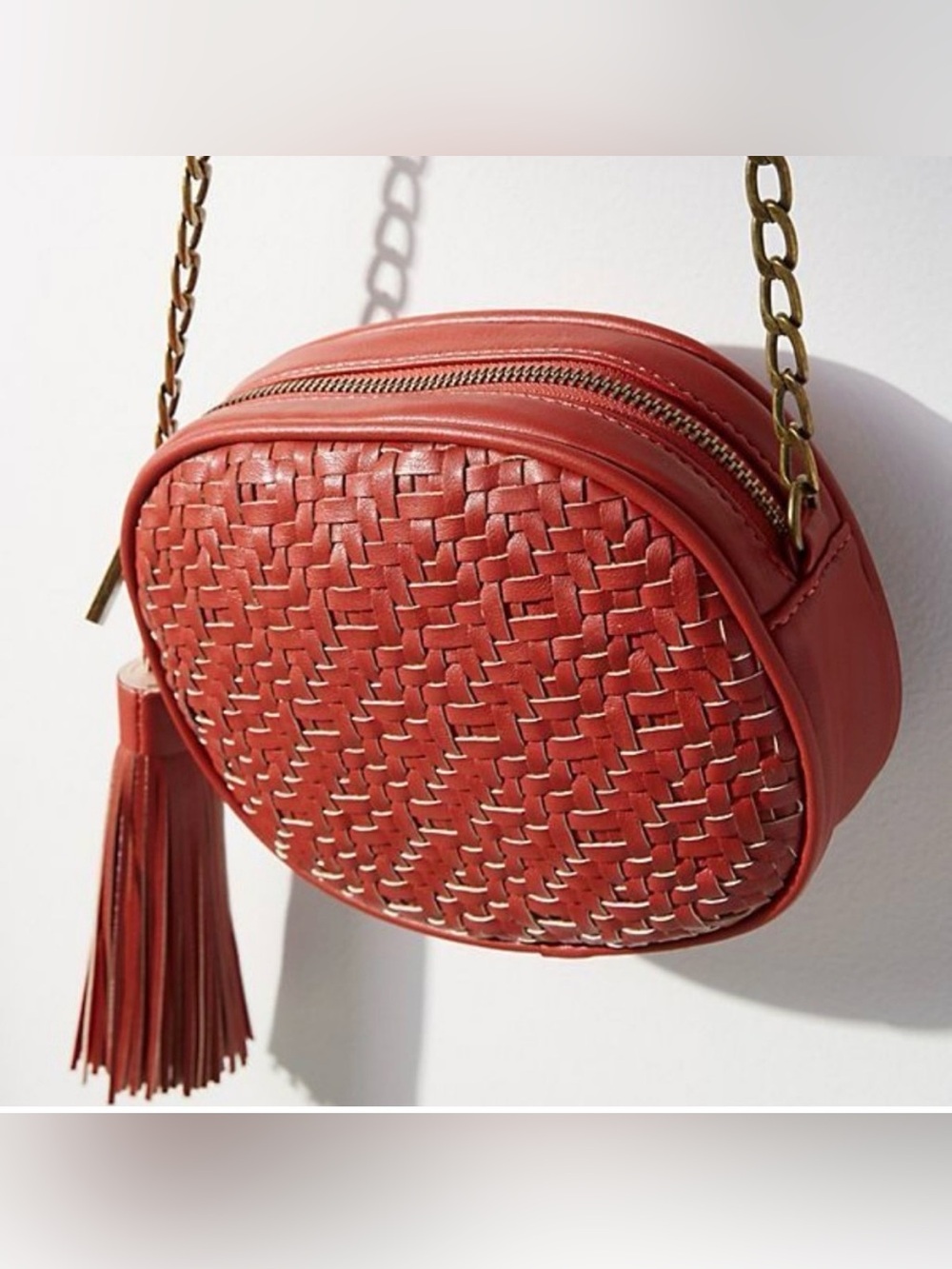Anthropologie Woven Crossbody Bag Gold Chain Vegan Leather Brown / Red